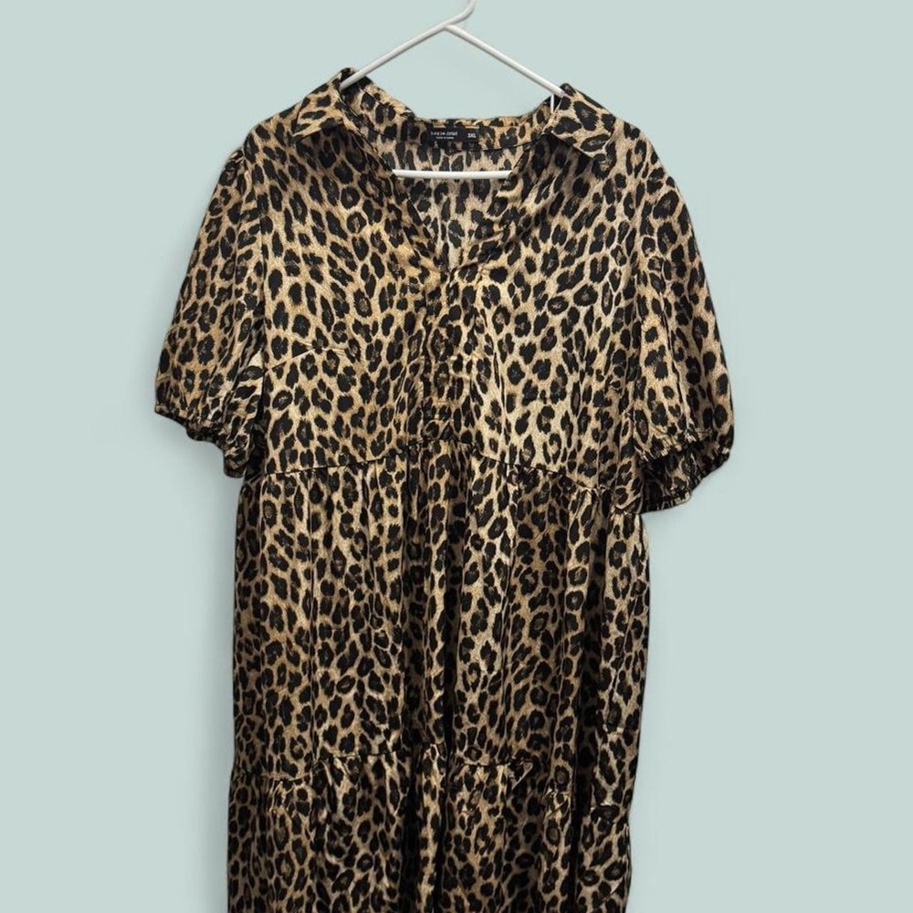 SHEIN Curve Leopard Babydoll Midi Dress Plus Size 3XL Brown Animal Print Tiered